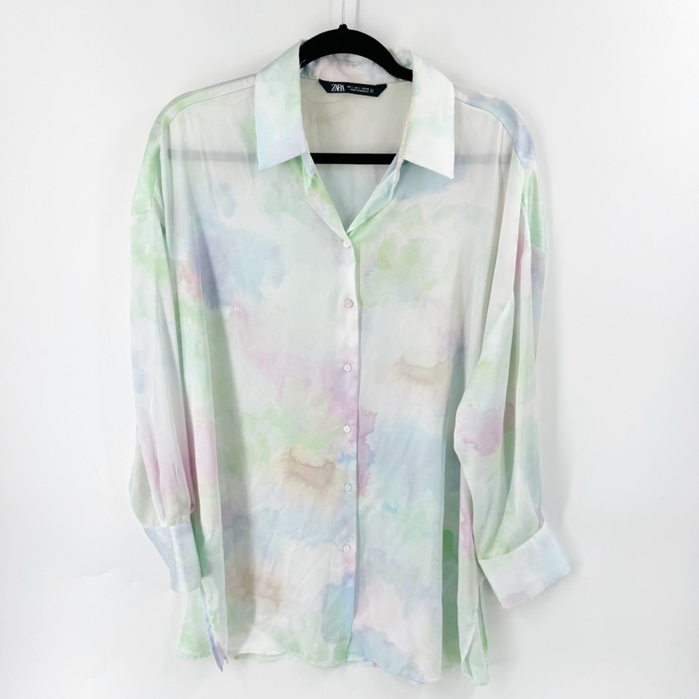 ✅ ZARA PASTEL SATIN EFFECT‎ SHIRT LONG SLEEVE SIZE LARGE